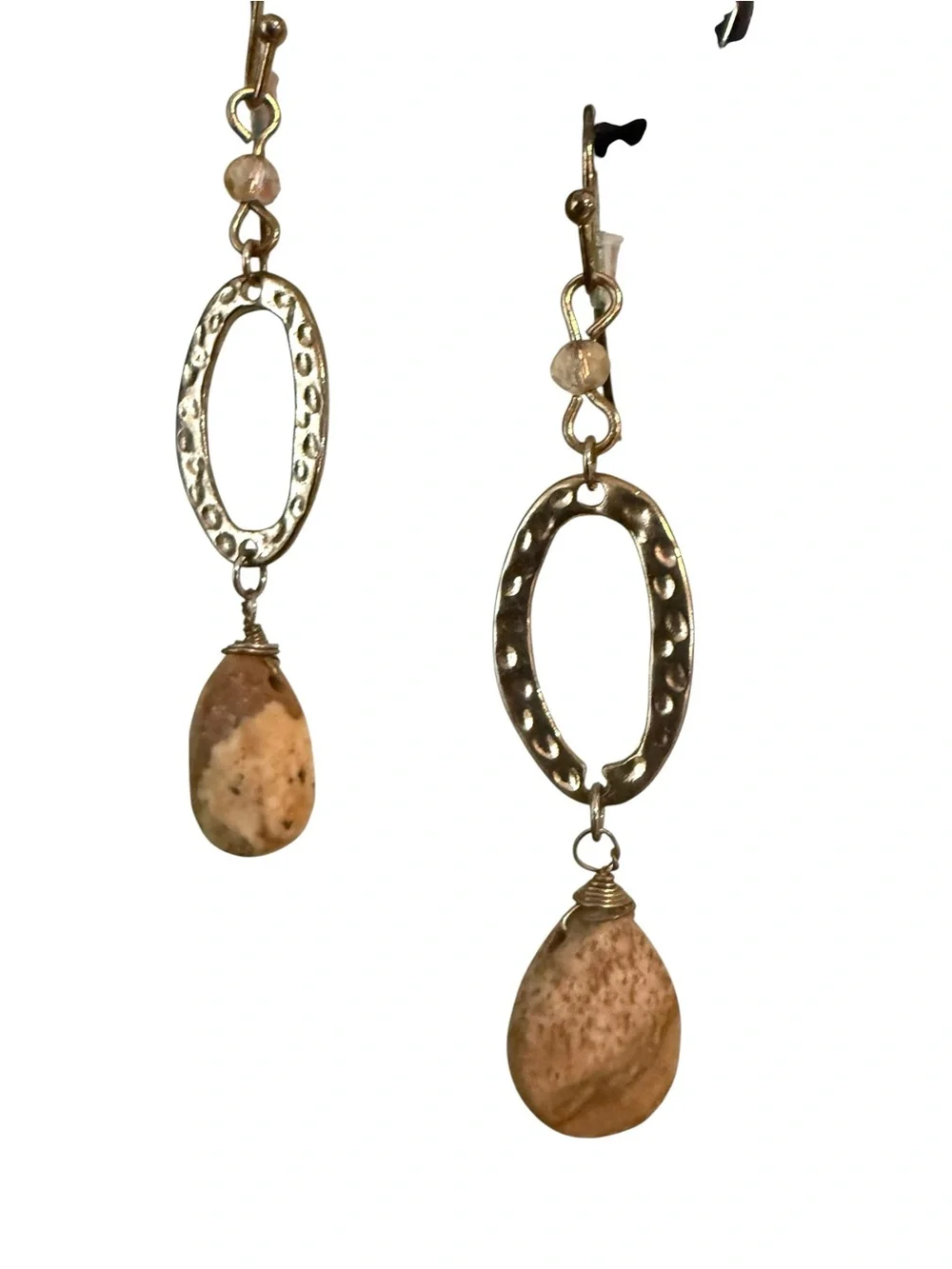 Handcrafted Artisan Hammered Gold Oval Drop Earrings Natural Stone Pendant